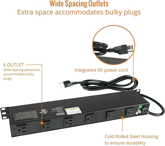 Tecmojo 1U Rackmount Network-Grade PDU Surge Protector, 12 Outlets (6 Front, 6 Rear Wide Spaced) 12A 6ft Cord with 5-15P Lug - Black, UL Certified
