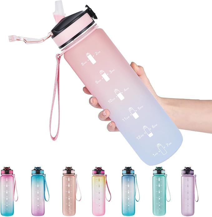 EYQ 32oz Water Bottle with Straw, Time Marker, Blue Purple | Blue Purple Tritan, BPA Free, Time Marker, Leakproof Lock Lid, Wide Mouth, for Gym, School, Office and Travel