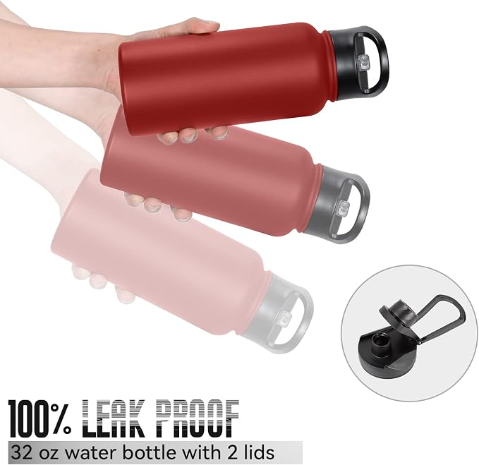 32 oz Insulated Water Bottle Bulk 8 Pack, Stainless Steel Sports Water Bottles with Straw Lid & Wide Mouth Lids, Double Walled Vacuum, Leak Proof, Red