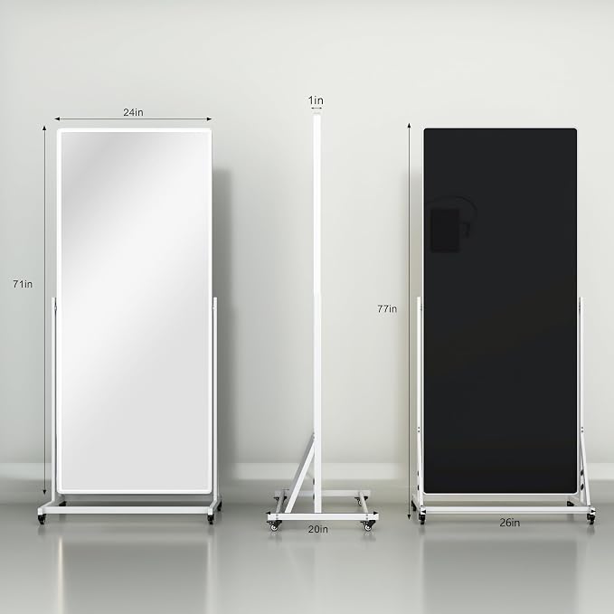 Full-body Rolling Mirror with LED Lights and Wheels, 77" x 26" Home Gym Mirrors with 360° Rotation, Dimmable & 3 Color Lighting Cloakroom, Tempered Glass & Metal Frame, Use for Bedroom, Dance Studio