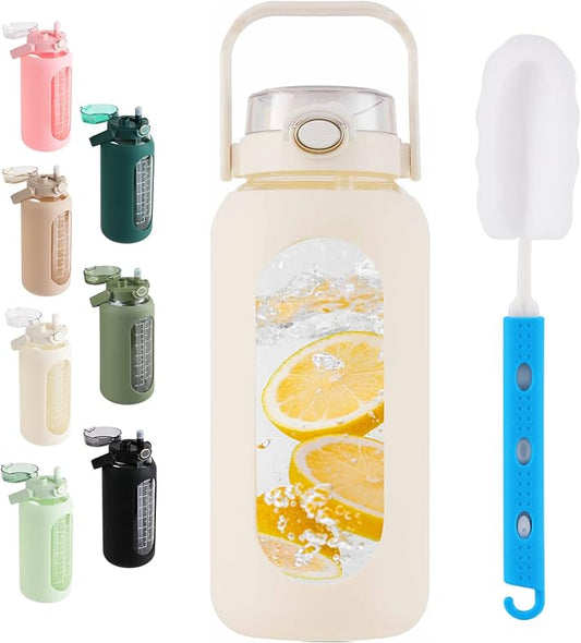 64 oz Glass Water Bottle with 2-in-1 Straw Lid Large Half Gallon Water Bottle with Time Marker & Removable Silicone Sleeve,Wide Mouth BPA-Free Borosilicate Bottle for Gym, Workout & Daily Use