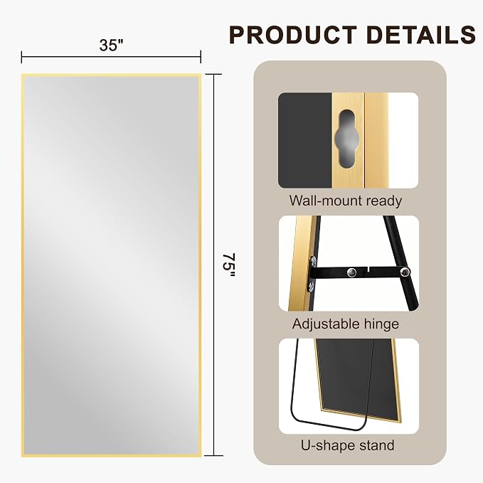 FICTOR Full Length Mirror with Stand, Floor Standing Mirror, 75"x35", Gold | HD Shatterproof Glass, Free-Standing or Wall-Mounted, Full Body Mirror for Bedroom, Living Room, Dressing Room, Entryway