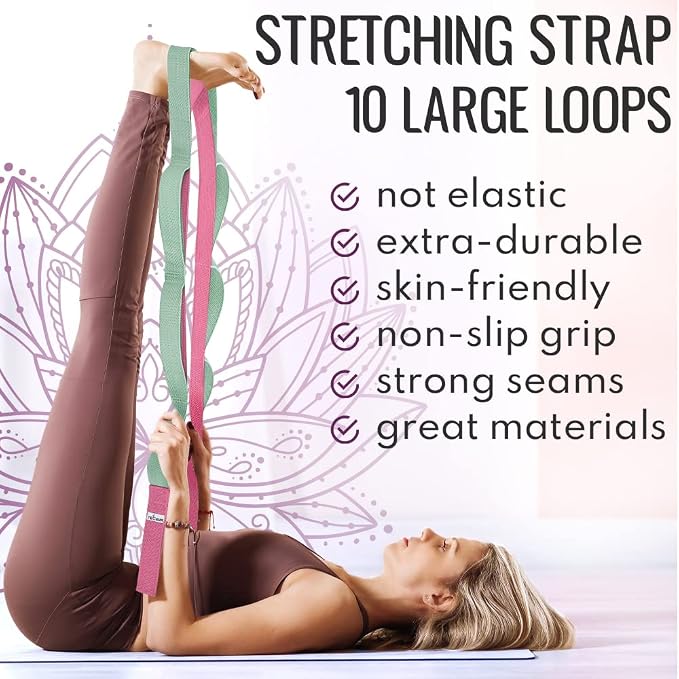 TECEUM Stretching Strap with 10 Loops for Physical Therapy & Rehab | Non-Elastic Yoga Stretch Band for Hamstring, Leg, Hip & Knee Rehab, Pilates, Flexibility & Mobility Exercises for Men & Women
