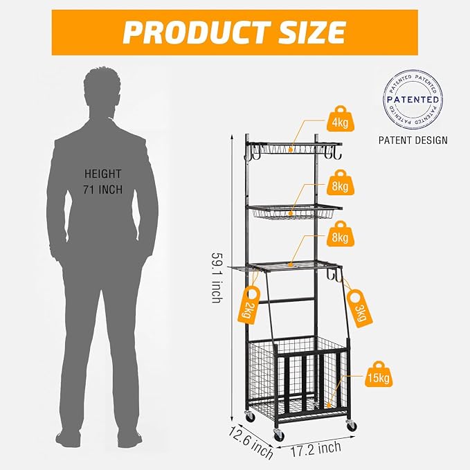 PLKOW Sports Equipment Storage for Garage, Indoor/Outdoor Sports Rack for Garage, Ball Storage Garage Organizer with Basket and Hooks,Toy/Sports Gear Storage