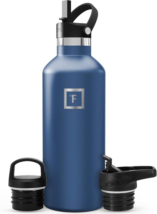 IRON °FLASK 32 oz Narrow Mouth Water Bottle with 3 Lids | Insulated Stainless Steel Sports Water Bottle with 3 Leakproof Lids - BPA Free, Cold 24 Hrs, Sweat Free (Twilight Blue)