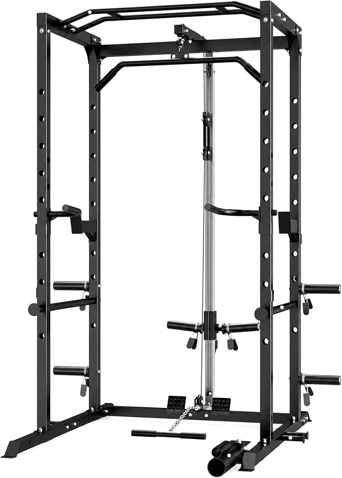 5-in-1 Power Rack Heavy Duty Home Gym | 5 Configs: Only, +Pulley, +Bench, +150LB, +240LB. 1200LB, 50x50mm, 83"H. J-Hooks, Safety Bars, Landmine. Olympic 2" Plates.