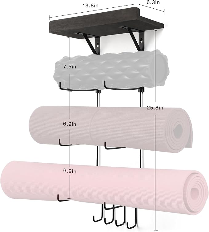 Bikoney Yoga Mat Holder Wall Mount Yoga Mat Storage Home Gym Accessories with Wood Floating Shelves and 4 Hooks for Hanging Foam Roller and Resistance Bands at Fitness Class or Home Gym Vintage Black