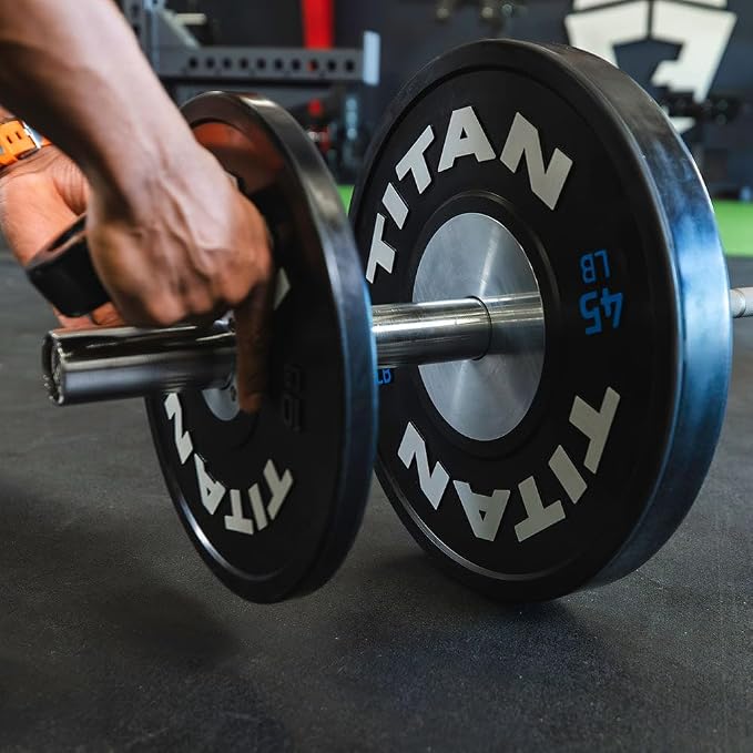 Titan Fitness Elite Competition Bumper Plate, Color-Coded Weight Indicators, Olympic Weight Plate, Low Bounce Rubber Exterior with Steel Core