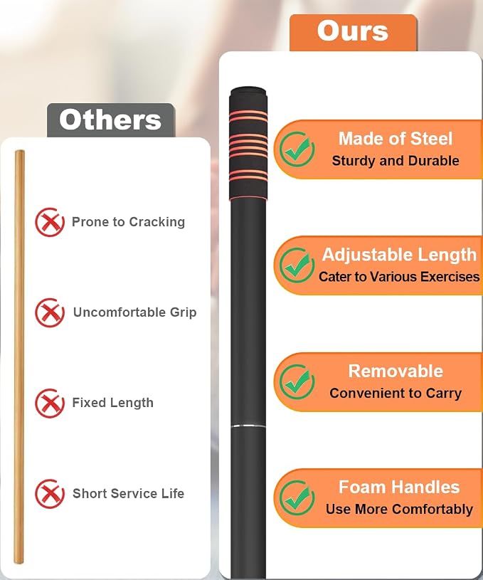 Queension 5ft Yoga Stick Adjustable Stretching Bar for Mobility & Balance | Heavy-Duty Steel Multi-Functional Fitness Pole with 4 Steel Rods & Comfort Foam Grips