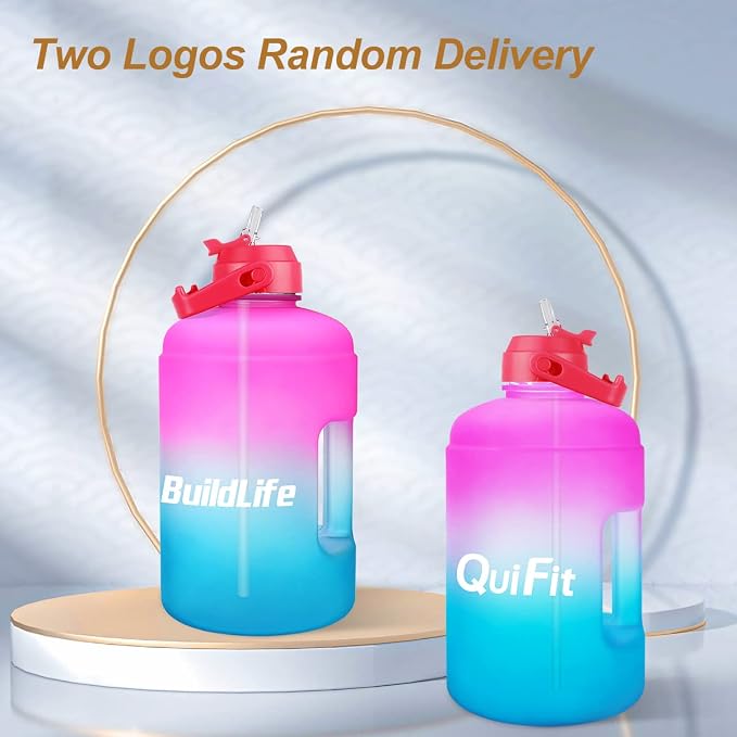 QuiFit 1 Gallon Water Bottle - with Straw & Motivational Time Marker Leak-Proof BPA Free Reusable Gym Sports Outdoor Large(128OZ/73OZ) Capacity Water Jug