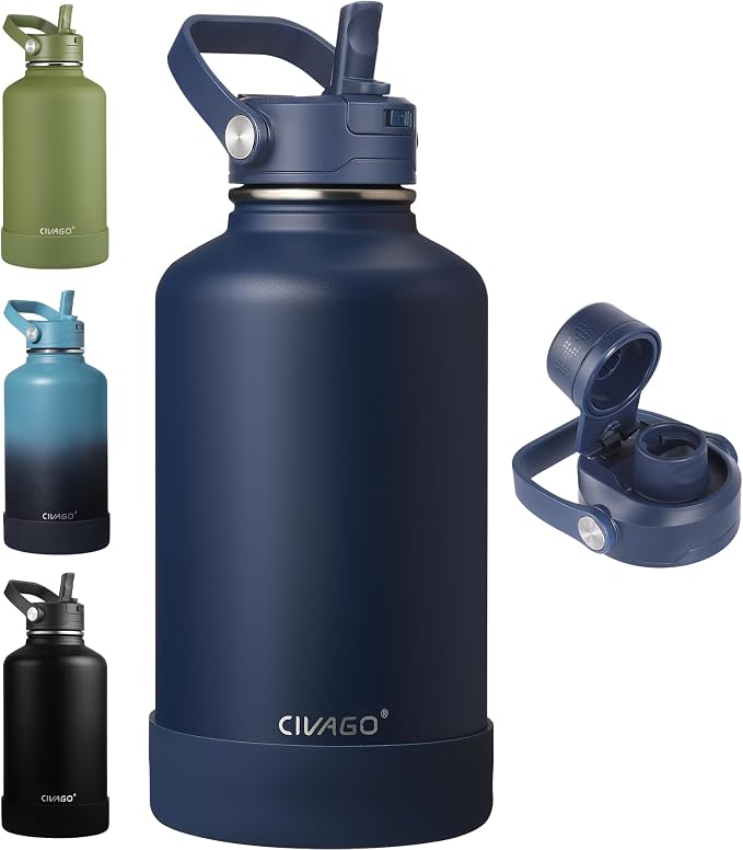 CIVAGO 64 oz Insulated Stainless Steel Water Bottle with Removable Straw | Half Gallon Large Leakproof Water Jug, Big Metal Sports Flask Cup with Bucket Handle, Silicone Boot, Dishwasher Safe, Navy
