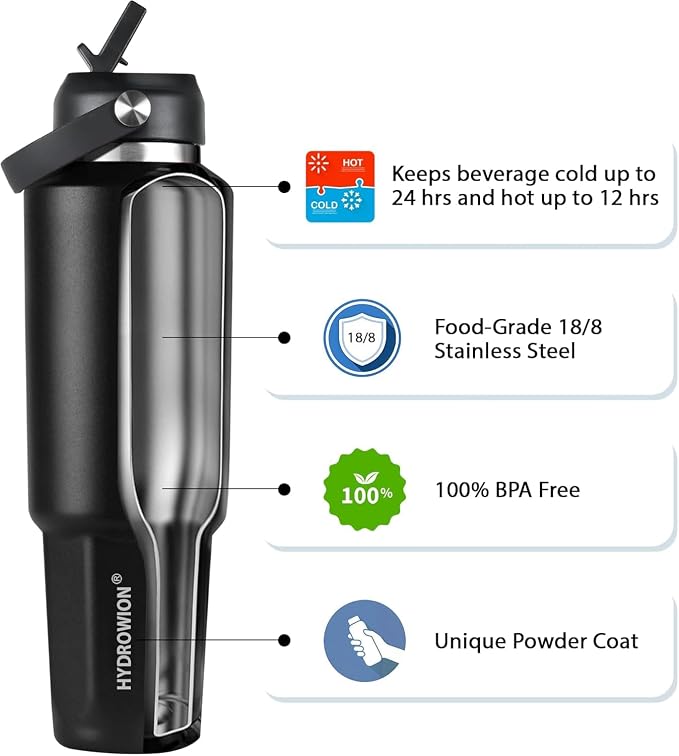 HYDROWION 32 oz Insulated Water Bottle, Car Water Bottle Holder - Double Wall Vacuum Insulated Travel Bottle with Straw Lid, Spout Lid and Flex Cap - Cold for 24H, Hot for 12H, Blue - Red