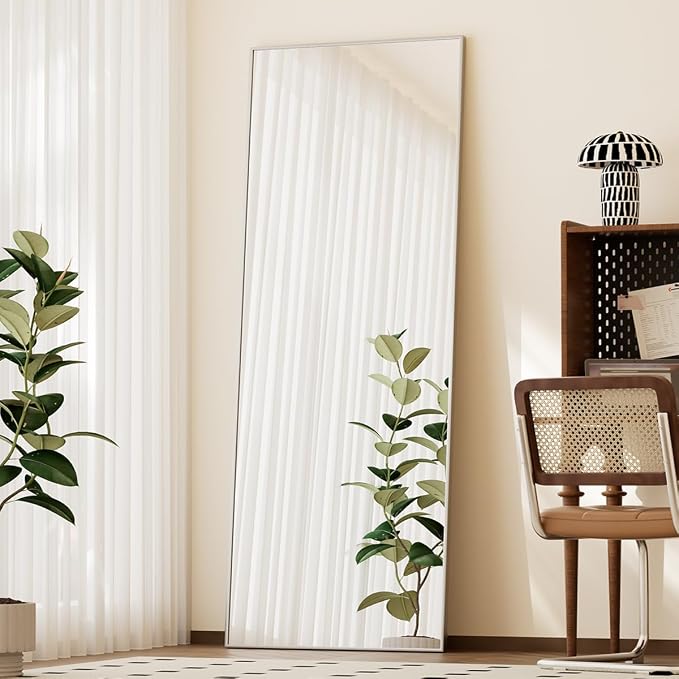 BEAUTYPEAK Full Length Mirror with Stand, 56"x21" Floor Mirror, Silver | ShatterVue Tempered Full Body Mirrors with Aluminum Alloy Thin Frame, Standing or Wall-Mounted Mirrors for Living Room