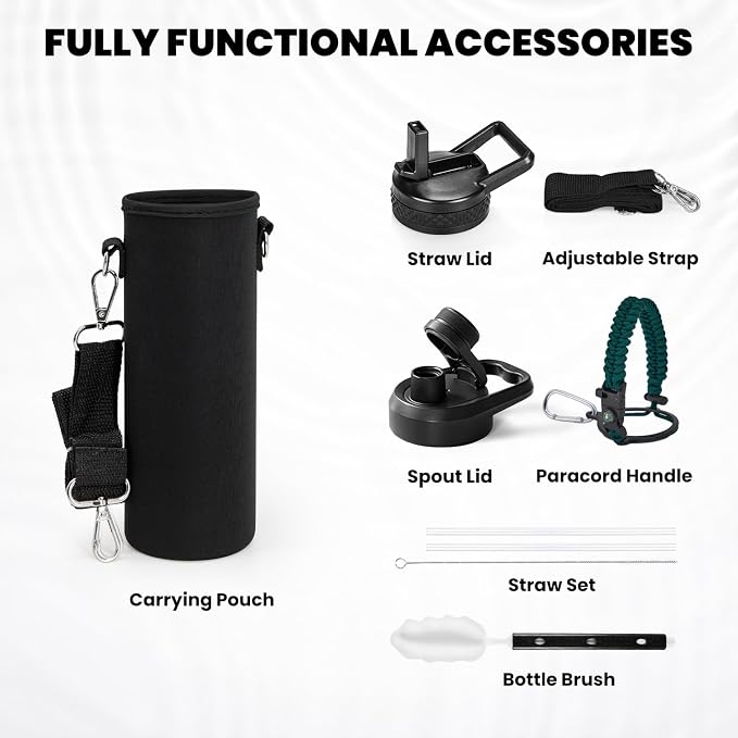 RAYMYLO Insulated Water Bottle 24 oz, Triple Wall Vacuum Stainless Steel | (Cold for 24Hrs, Hot for 12Hrs), Leak Proof & Non-BPA, Modern Water Flask Jug with Paracord Handle & Straw Spout Lids