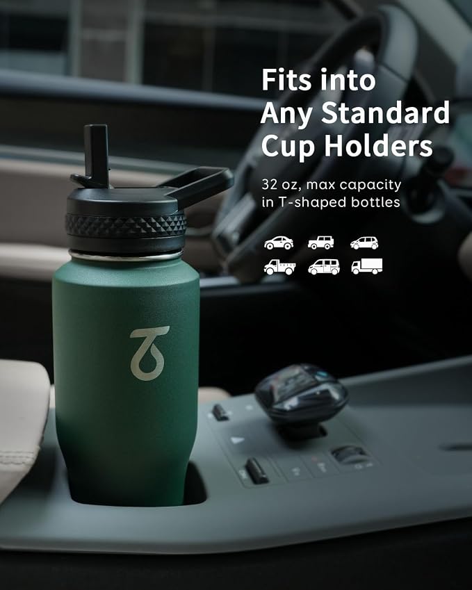 Trebo 40 oz Water Bottle Insulated Fit in Any Car Cup Holder with 2 Lids | Stainless Steel T-shape Tumbler with Paracord Handle, Triple Wall Vacuum Copper Plated, Cold 48 Hrs for Travel, Wide Mouth