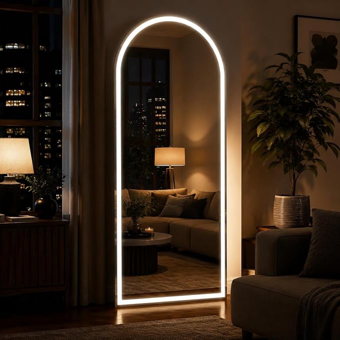 LED Arched Full Length Mirror with Lights 56"x20" | Lighted Floor Mirror with Dimming & 3 Color Lighting Aluminum Frame Standing Leaning or Hanging for Bedroom Cloakroom