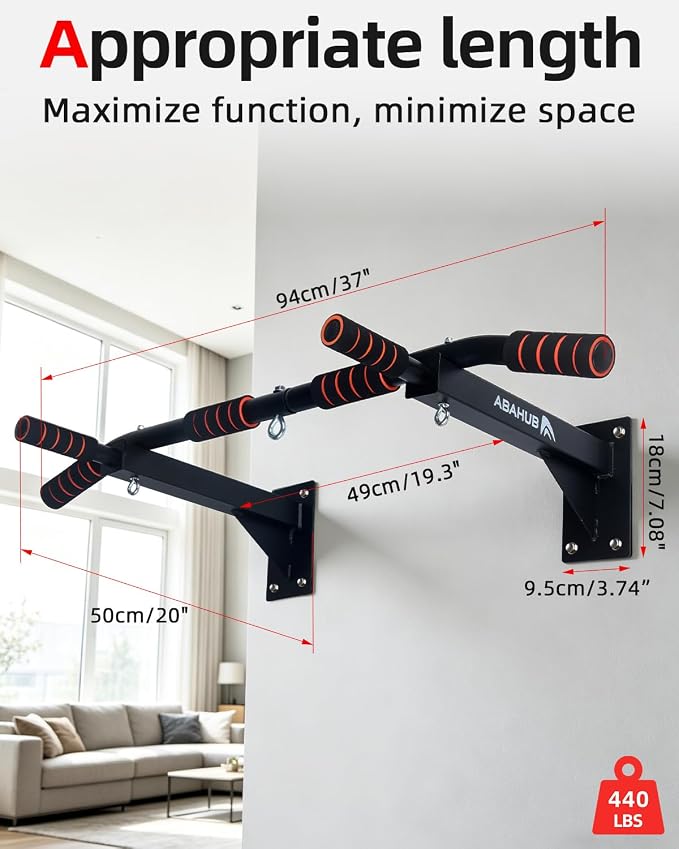 Abahub Wall Mounted Pull Up Bar,Multi-Grip Chin-Up Bar for Home Gym | Drill-installed, Heavy-Duty & Stable Training Bar with circular ring, Black-Red