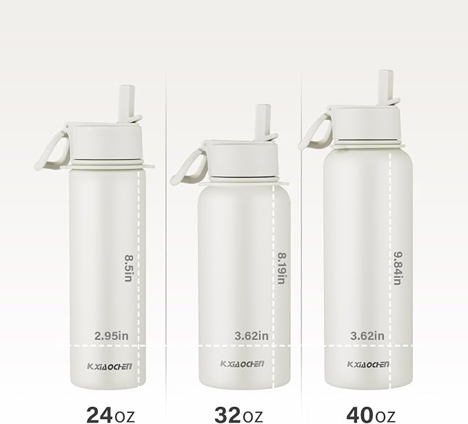 KXIAOCHEN Insulated Water Bottle with Strap, 48-Hour Cold, 2 Lids | Triple-wall insulation, lead-free 18/8 Stainless steel, paracord handle, carabiner clip, for gym, hiking, camping and travel