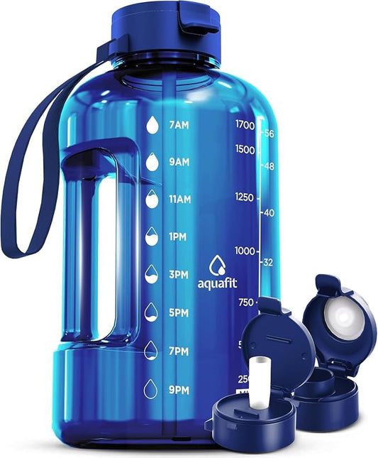 AQUAFIT Half Gallon Water Bottle with Time Marker | BPA Free Half Gallon Water Bottle with Straw and Chug Lids - Leakproof Gym Water Bottle with Carry Handle (Blue)