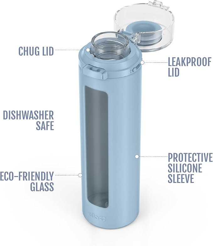 Ello Syndicate 20oz Glass Water Bottle with Flip Lid and Sleeve, Tech Blue | Glass water bottle for iced drinks with leakproof flip lid, silicone sleeve, carry loop, BPA-free, and dishwasher safe