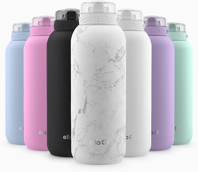 Ello Cooper 22oz Insulated Stainless Steel Water Bottle with Straw, White Marble