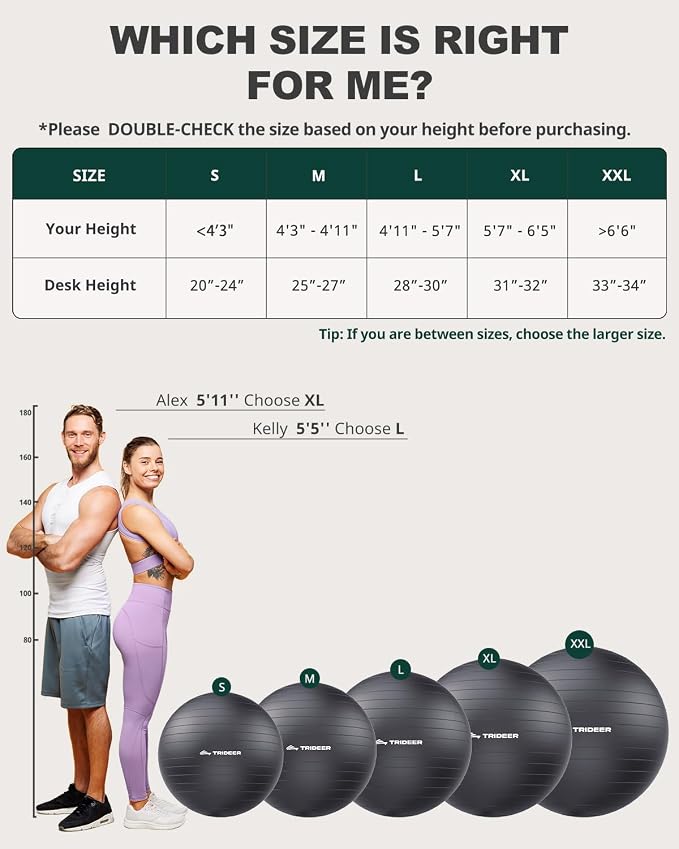 Trideer Yoga Ball for Exercise, Pilates, Core & Balance Training, Stability Ball for Pregnancy & Birthing Prep, Physical Therapy, Daily Stretching, Office Chair for Active Sitting, Quick Pump Included