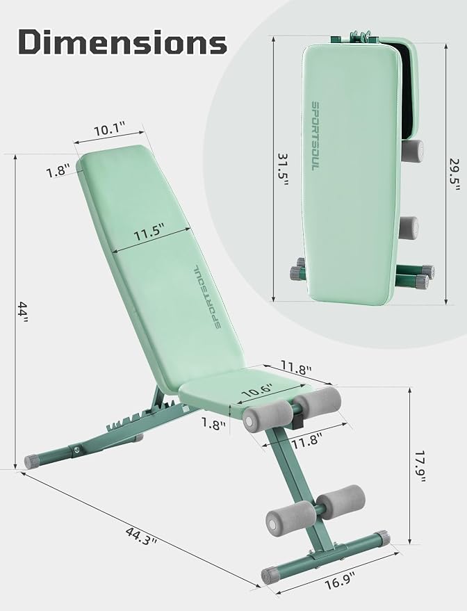 SPORTSOUL 880LB Weight Bench, 8-Position Backrest Adjustable Workout Bench | Foldable Weight Bench for Home Gym Strength Training – Incline Decline Flat, Compact for Small Space Apartment Room Garage