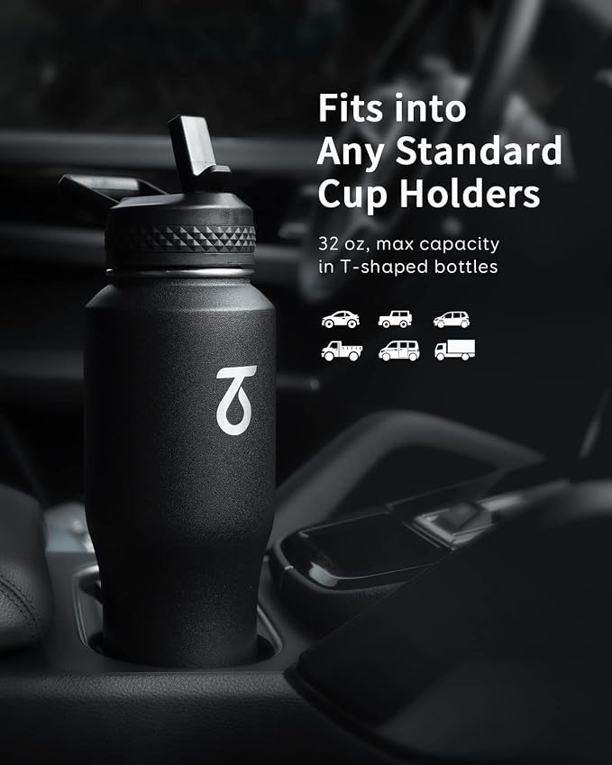 Trebo 32 oz Water Bottle Insulated Fits in Any Car Cup Holder with 2 Lids | Stainless Steel T-shape Tumbler with Paracord Handle, Triple Wall Vacuum Copper Plated, Cold 48 Hrs for Travel, Leakproof