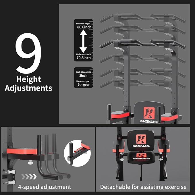 KINGKANG Assistive Power Tower,Dip Station & Pull Up Bar for Home Gym | Load 450 lbs|Suitable All Fitness Enthusiasts|9 Height Settings|Newly Upgraded