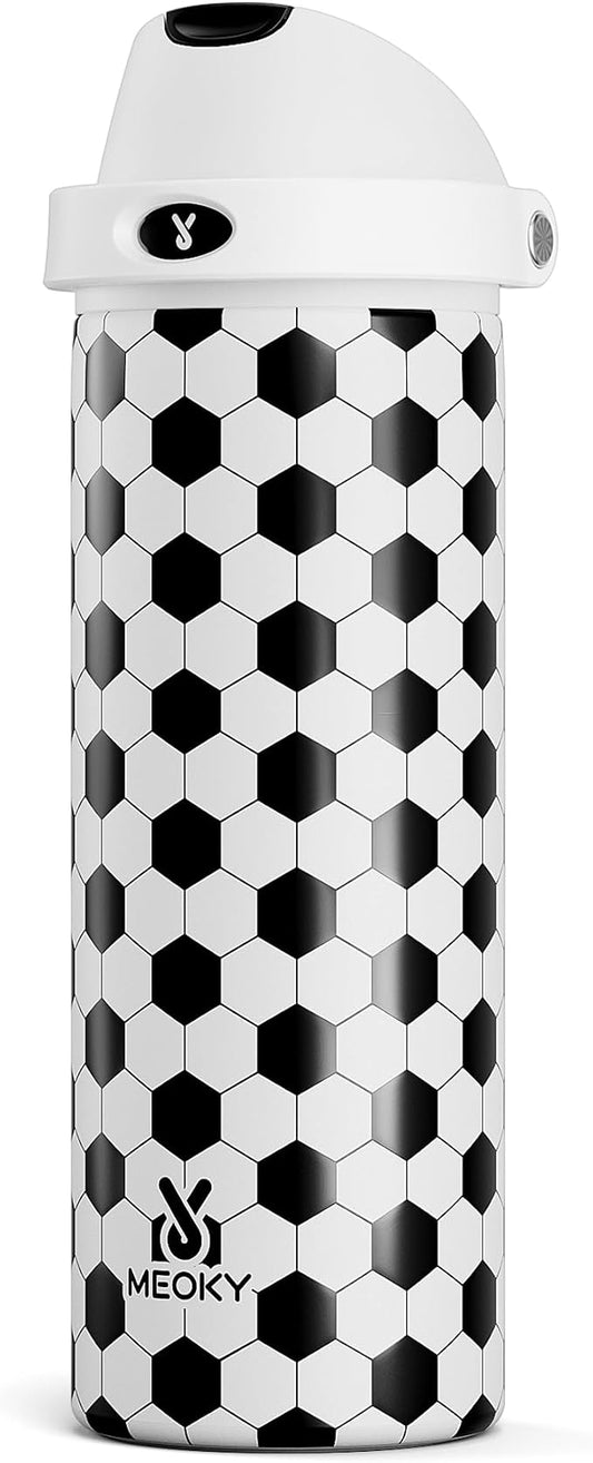 24 oz Insulated Water Bottle with Straw: Meoky Stainless Steel Soccer Water Bottle with 2-in-1 Lid - Leak Proof, Cold for 24 Hours, Fits in Car Cup Holder, Soccer Gifts for Boys Girls, Arena Light