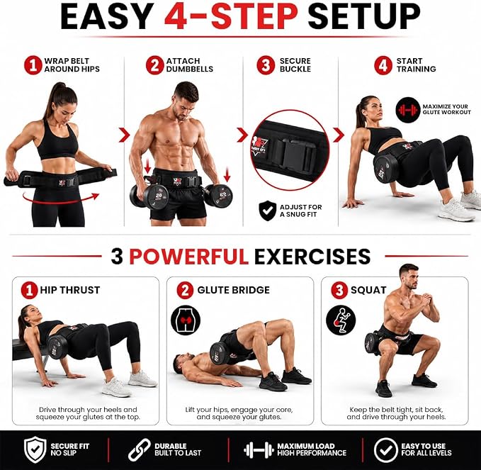 Hip Thrust Belt for Dumbbells Kettlebells & Barbell Plates – Adjustable Neoprene Glute Bridge Belt – Supports 600 LBS – Anti-Slip Hip Pad Workout Equipment for Women Men Home Gym