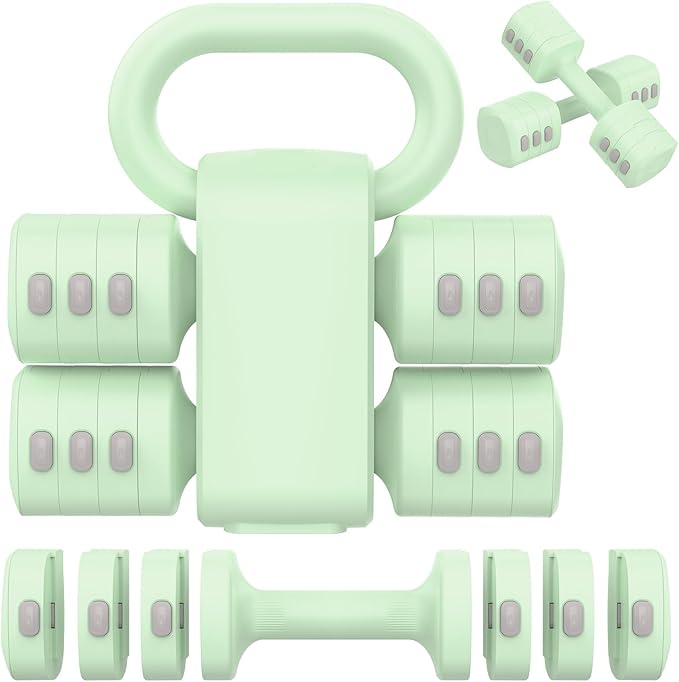 Hezeyferg Adjustable Dumbbell Set, 2-in-1 Hand Weights with Kettlebell Form | 4-Level 2.2-5.5lb Each, Dual-Button Locking, for Women Men Beginners Home Gym, Portable & Space-Efficient, Full Body Workout