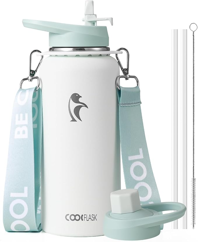 Coolflask 32 oz Water Bottle Insulated Stainless Steel with Strap | Metal Water Flask with Straw & Spout Lids, Triple-Wall, Cold 48+h, Dishwasher Safe, Leakproof, BPA-Free, for Gym & Hiking