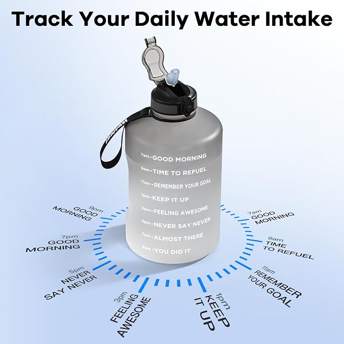 WEMEET Big Reusable Sport Water Jug with non-slip handle, 1 Gallon Water Bottle with Straw and Time Marker, for All Day Hydration, Exercise and Outdoor (Black White)