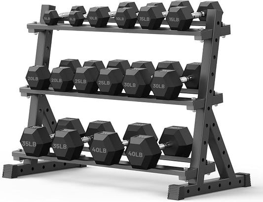 PAPABABE Dumbbell Set with Rack Dumbbells Rubber Encased Home Gym | PAPABABE Complete & Durable Cast Iron Core Odorless PVC Antiroll Hex Shape Ergonomic Chrome Handle Versatile Home Gym