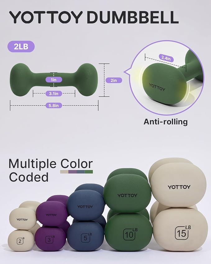 YOTTOY Dumbbell Set of 2,2-15 Pound Hand Weights for Women, Non-Slip Hand Weights for Home Gym, Strength Training, and Full-Body Workouts