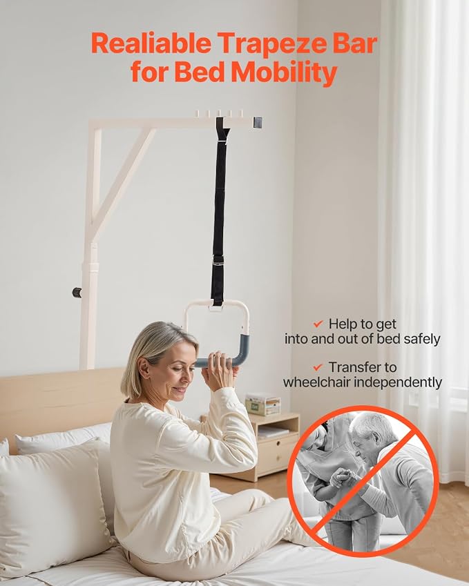 VEVOR Trapeze Bar for Bed Mobility, Height-Adjustable Bed Trapeze with 2 Casters, 350LBS Weight Capacity Heavy Duty Pull Up Trapeze Bar with Floor Stand for Elderly, Disabled, Bedridden Patients