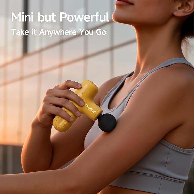 HEYCHY Super Mini Massage Gun Deep Tissue, Handheld Muscle Massager with 4 Heads, Percussion Travel Size Massager Gun FSA Eligible for Men Women Back Relief, Quiet for Home, Gym, Office, HSA, Yellow