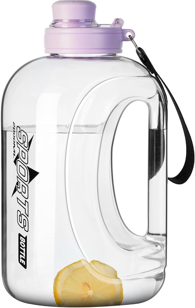 Doseno Large Water Bottle, 95 oz/2.8 L with Straw & Portable Strap, Purple | Lightweight plastic water jug has a measuring scale, leakproof lid and covered spout for gym, outdoor sports and daily use.