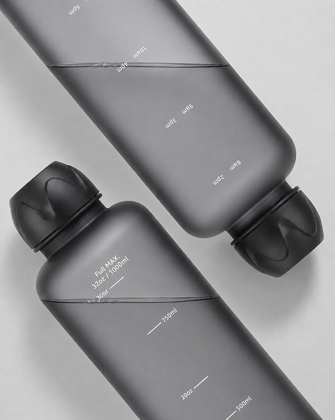 Slim Water Bottle 32 OZ with Stainless Steel Lid, Dishwasher Safe 1 Liter Plastic Water Bottle BPA-Free, Leakproof Lightweight with Time Marker, Reusable for Running School Sport Gym Travel Hiking