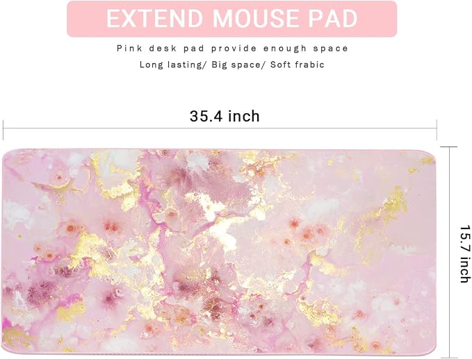 Extended Gaming Mouse Pad(35.4x15.7 in), Large Desk Pad Laptop Computer Keyboard Mat Waterproof Desk Decor Writing Pad for Work, Game, Office, Home - Pink Gold Marble