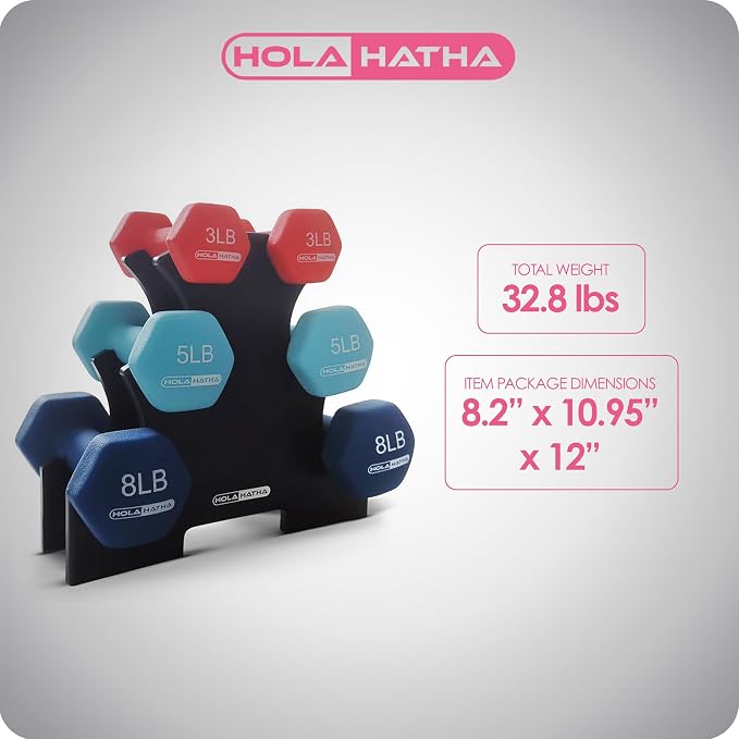 HolaHatha 1, 2 and 3 lb Neoprene Dumbbell Strength Training Weight Set with Rack