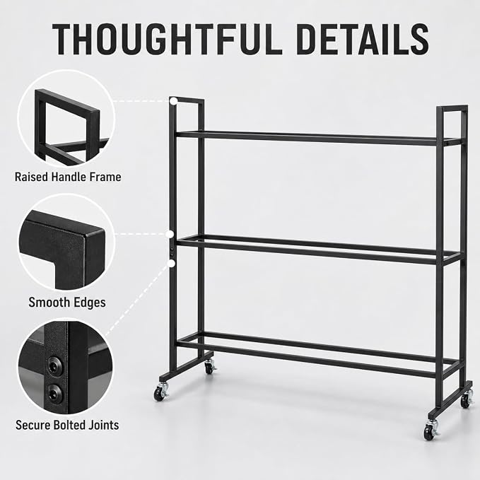 3 Tier Medicine Ball Rack with Wheels, Rolling Weight Ball Storage Stand for Home Gym with 20 lbs Capacity Per Shelf, Heavy Duty Fitness Holder for Slam Balls Wall Balls Exercise Balls, Indoor/Outdoor