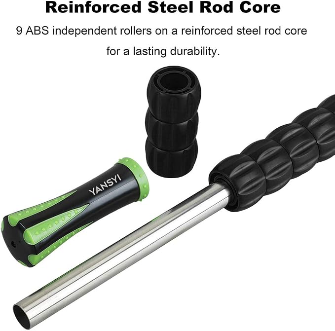 YANSYI Professional 9-Roller Deep Tissue Massage Stick - Portable Muscle Recovery Roller for Athletes, Relieves Post-Workout Soreness & Leg/Back Pain - Portable Physio Tool (Black)