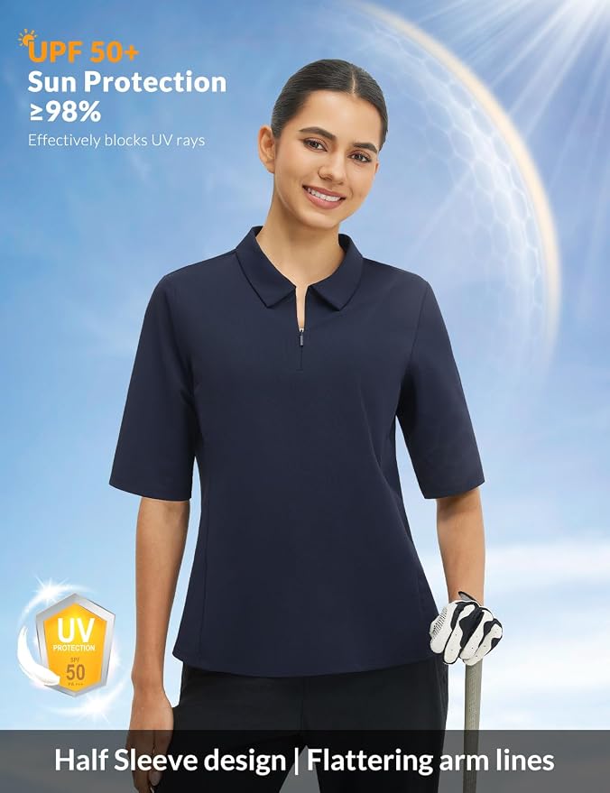 baleaf Womens Golf Shirts Half Sleeve Elbow Length Polo Tops | Stretch, Sun Protection UPF 50+, Quick Dry, Breathable, Moisture Wicking, Quarter Zip V Neck, Ideal for Golf Work Casual