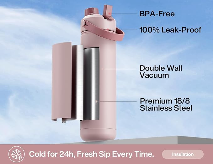 POWCAN 26 oz Insulated Water Bottle: 2-in-1 Straw and Spout Lid, Leak-proof | Keep Cold 24H, Cupholder Friendly, BPA-Free, Stainless Steel Water Bottle for Gift, Mother, Wife, Girlfriend (Sweet Rosy)