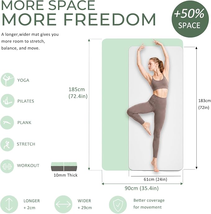 Yoga Mat 72''x24''/35''(8mm/10mm) for Beginners, Thick and Wide Yoga Mat with Carrying Strap for Pilates, Stretching and Home Workout