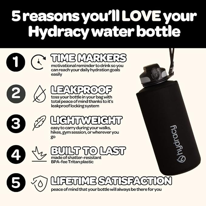 Hydracy 2L Large Water Bottle, Shatterproof, BPA Free Tritan Plastic, Leakproof, Zero Condensation, With Detachable Carry Strap, Spillproof Lid, Convenient Silicon Spout, Ideal for Gym, Yoga | Leakproof,BPA Free,No Sweat Neoprene Sleeve,Carry Strap,Dai...