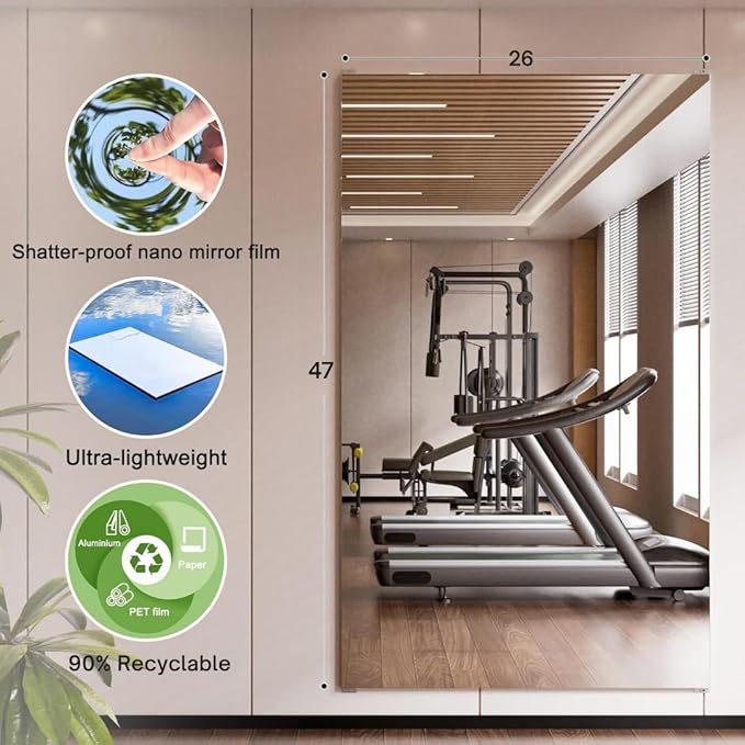 47”x26” Full Body Gym Mirror 2-Pack, Glassless Frameless Mirrors for Wall, Shatterproof Home Gym Decor, Garage Workout Studio Mirror with Easy Install Kit, 4 lbs Lightweight | 4 lbs Ultra Lightweight Garage Workout Wall Mirror，Frameless Full Length Nan...