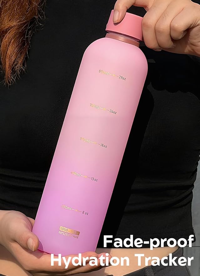 Opard Slim Water Bottle 32oz, Dishwasher Safe Plastic Water Bottle BPA-Free, Leakproof Screw Top, Sunset Pink Purple, Reusable for Travel School Sport Gym Hiking